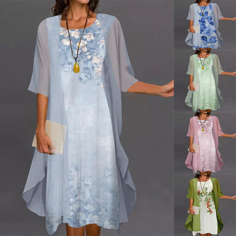 Shuovè — Conjunto de vestido midi de dos piezas de chiffon floral