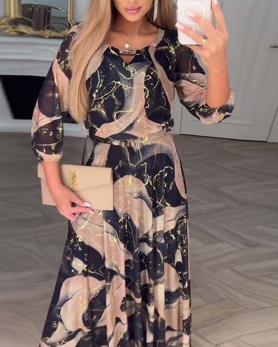 Vestido elegante de gasa - Estampado Maxi con mangas tres cuartos