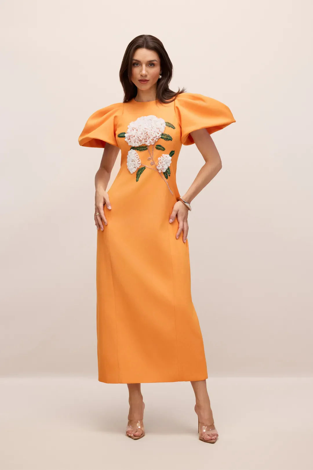 Botanica — Vestido Maxi de Manga Abullonada Bordado Floral