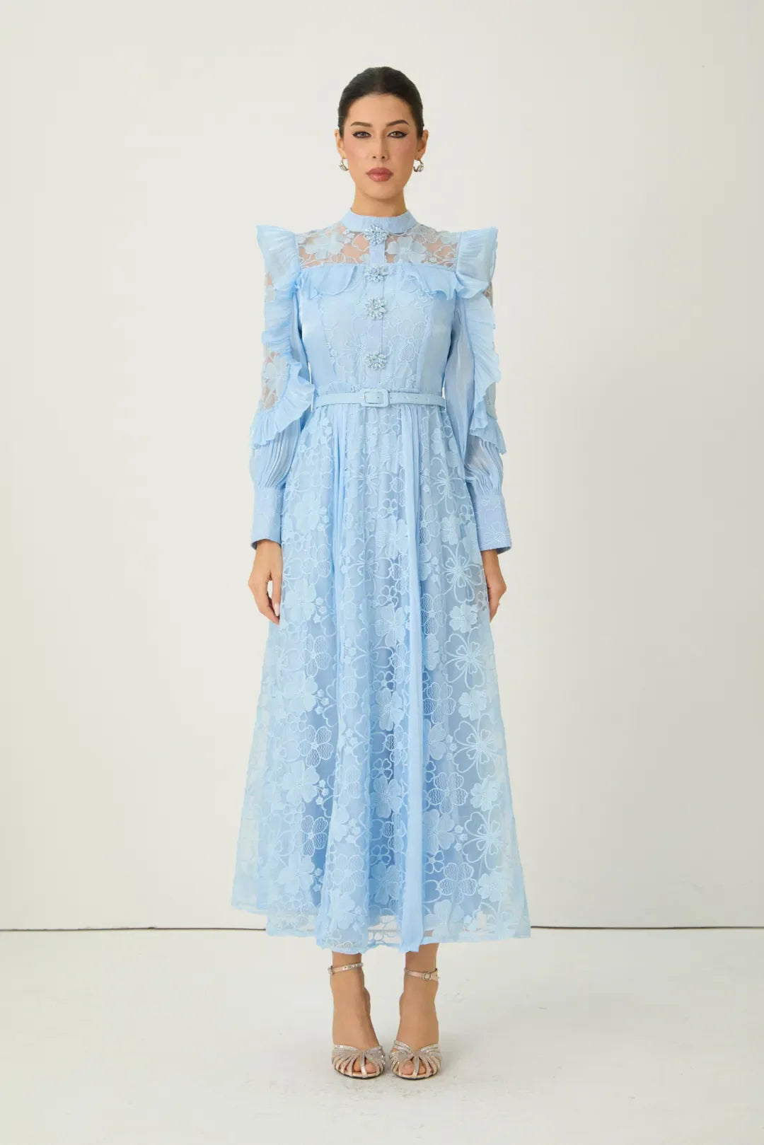 Florélle — Vestido Maxi de Ropa Bordado Floral Azul