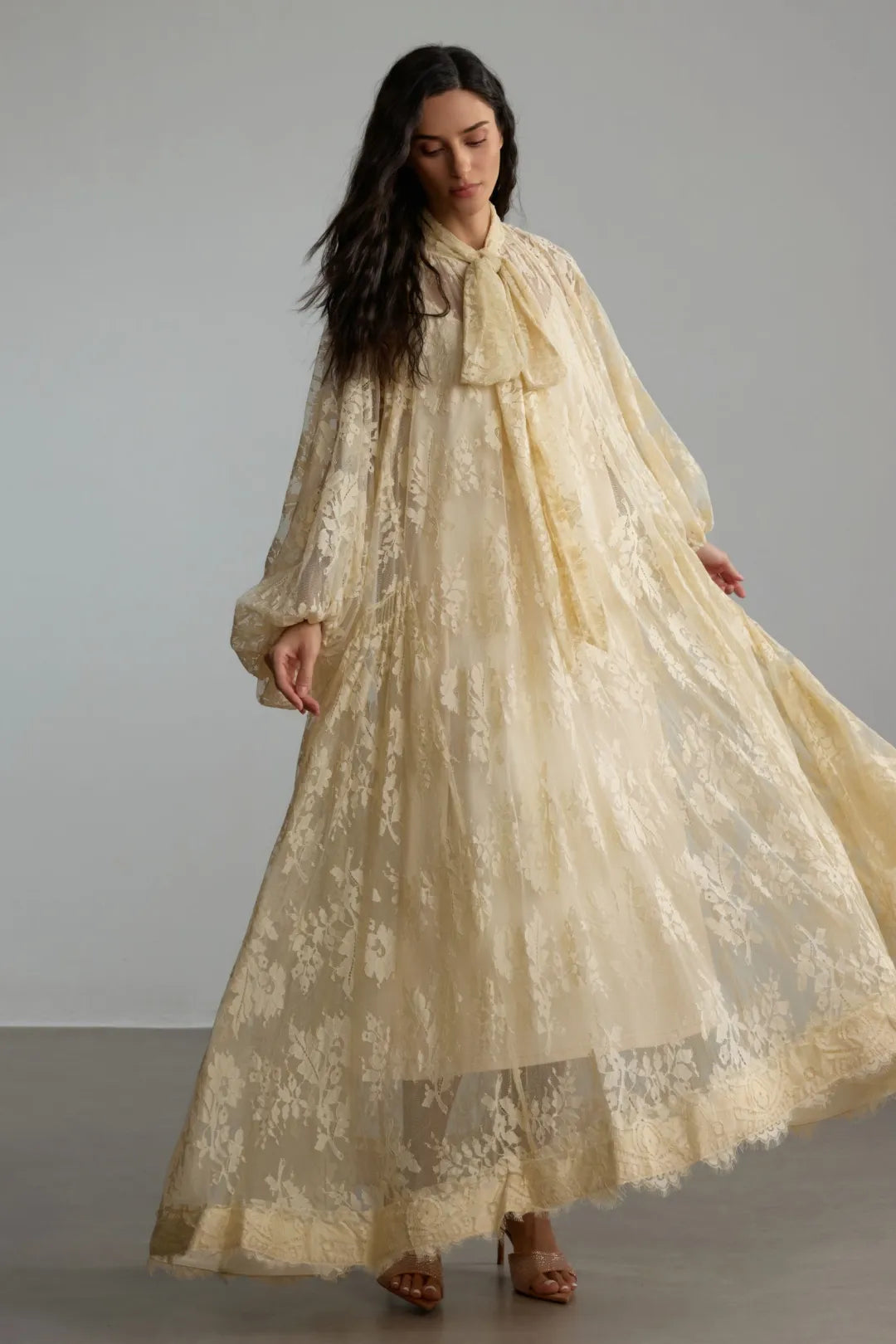 Éclore — Vestido Largo de Encaje Floral Transparente de Manga Larga