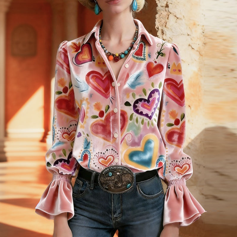 ZARELIA - Estilosa Blusa de Manga Larga con Estampado de Corazones