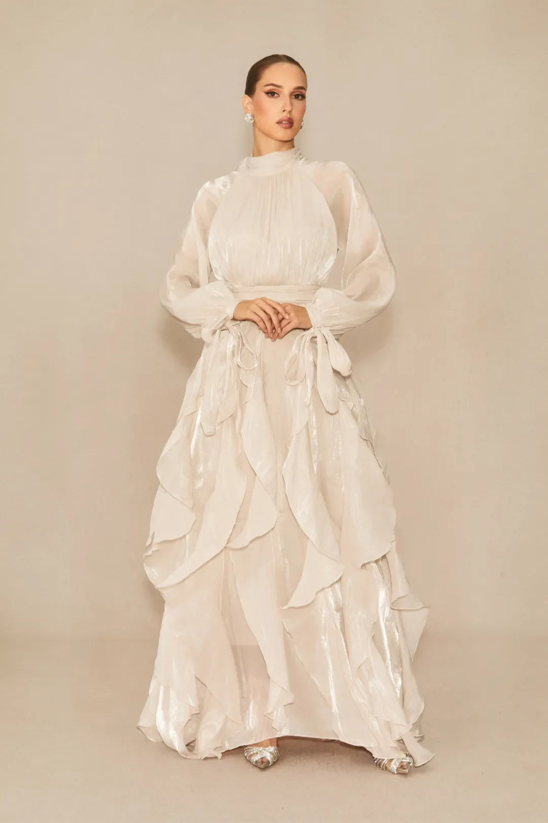 Estella- Vestido Maxi Blanco con Mangas Abullonadas y Volantes