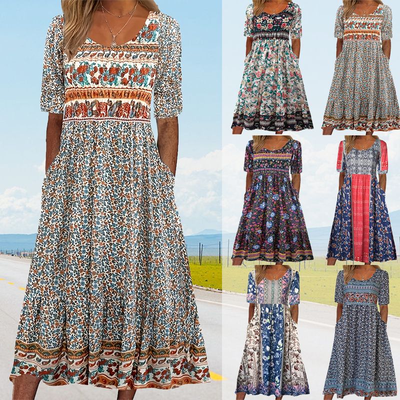 Bohème — Vestido midi de algodón impreso con mangas cortas