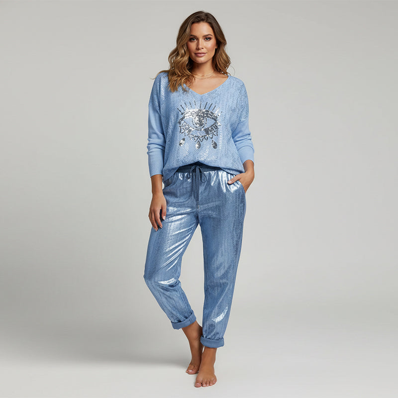 Conjunto Elegante de Top con Folio Dorado Ojo del Diablo - Moderno Pantalones de Lentejuelas