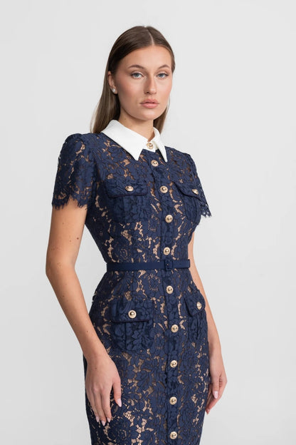 Darivène — Vestido Midi de Encaje Floral con Cinturón en Azul Marino
