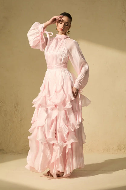 Estella- Vestido Maxi Blanco con Mangas Abullonadas y Volantes