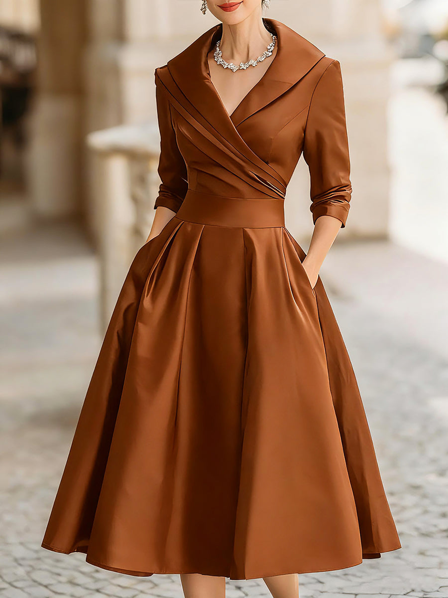 Auréve — Vestido Midi A-Line con Cuello Draped de Satén