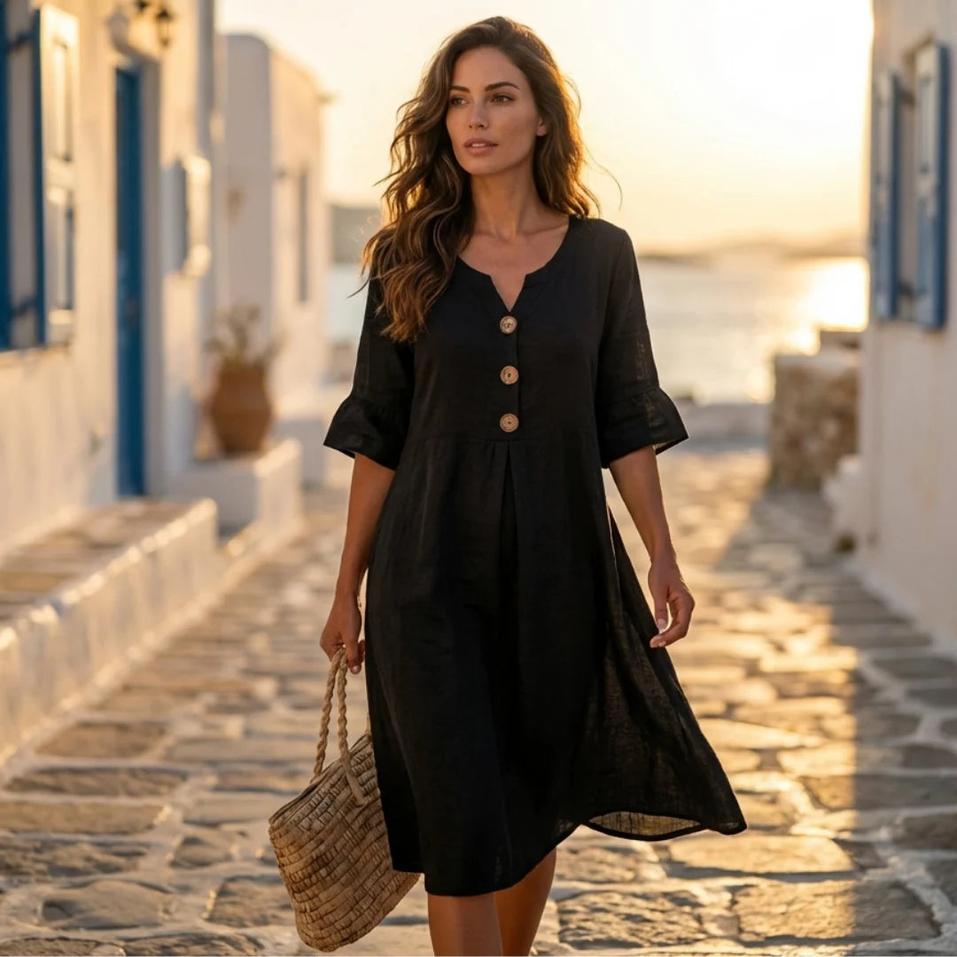Marisol — Vestido de Botones con Mangas de Volante de Lino y Algodón