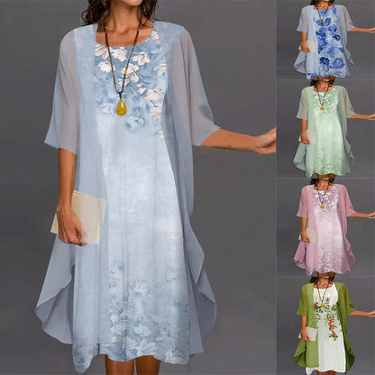 Shuovè — Conjunto de vestido midi de dos piezas de chiffon floral