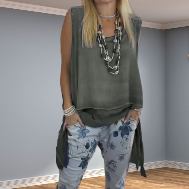 Conjunto de Dos Piezas para Mujeres - Diseño Innovador Top Sin Mangas con Dobladillo Asimétrico y Pantalones con Patrón