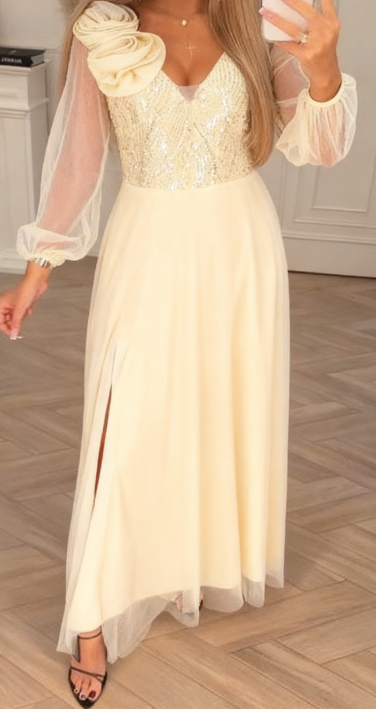 Vestido Elegante - Duradero Vestido con Mangas de Encaje, Lentejuelas y Adornos Florales