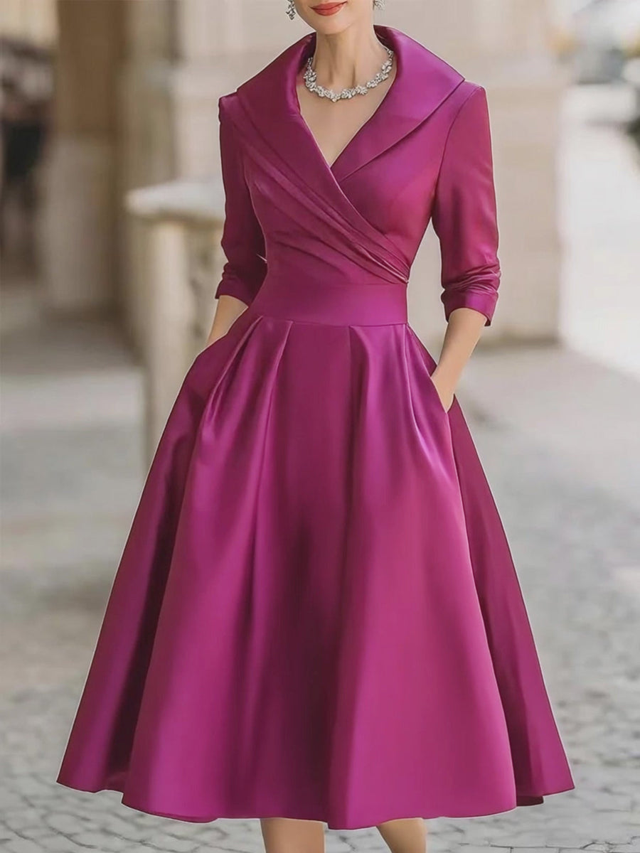 Auréve — Vestido Midi A-Line con Cuello Draped de Satén