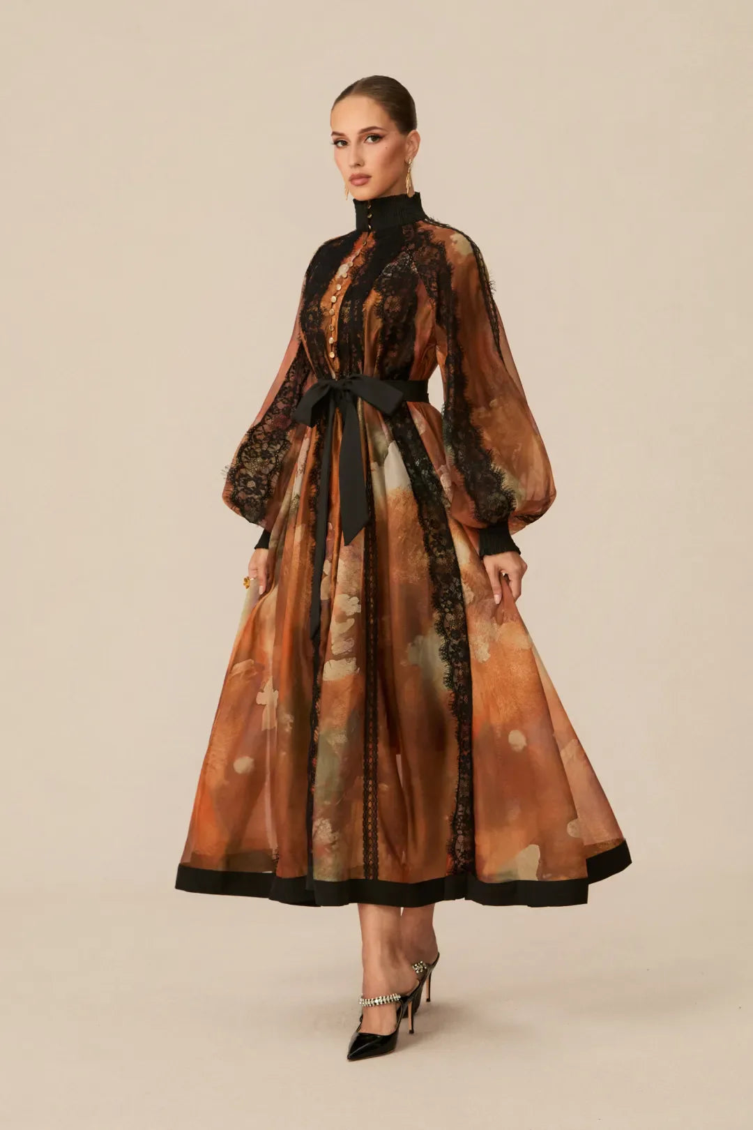 Alluring - Vestido Midi con Panel de Encaje Naranja