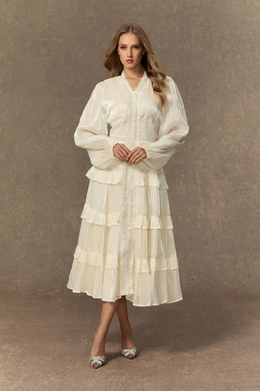 Elvine - Vestido midi de volantes blancos con escote en V