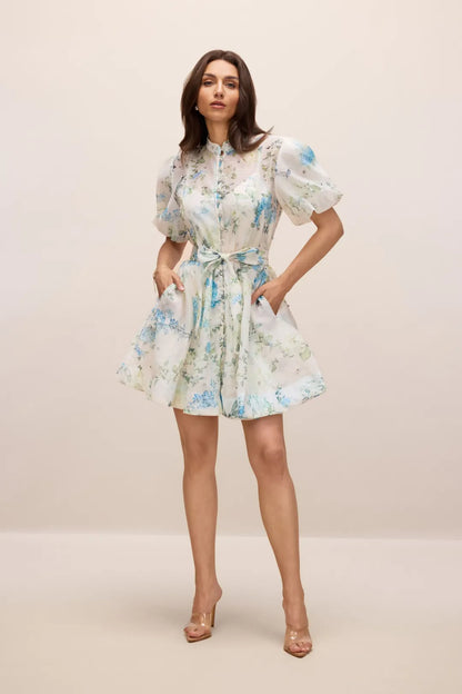 Caroline — Vestido Mini de Manga Abullonada Floral
