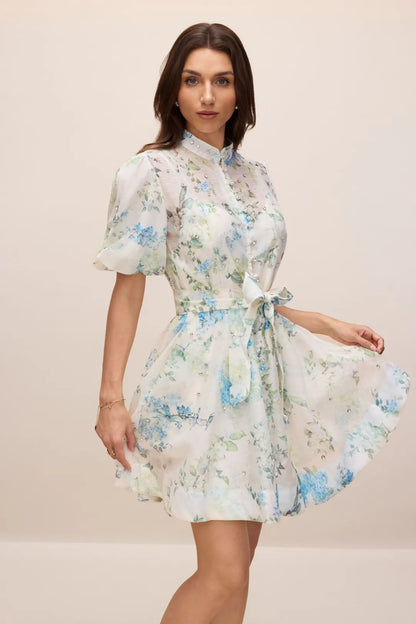 Caroline — Vestido Mini de Manga Abullonada Floral