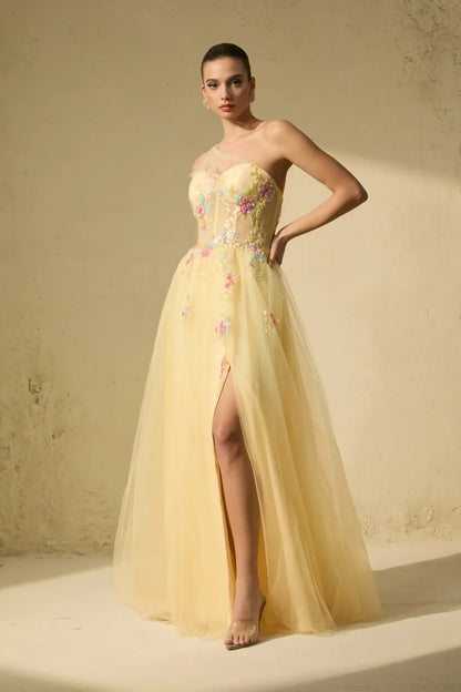 Solène — Vestido Maxi Bordado Floral de Un Solo Hombro