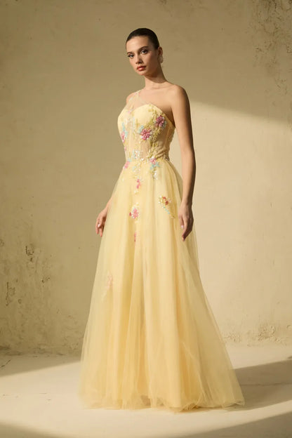 Solène — Vestido Maxi Bordado Floral de Un Solo Hombro