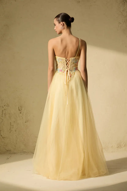 Solène — Vestido Maxi Bordado Floral de Un Solo Hombro