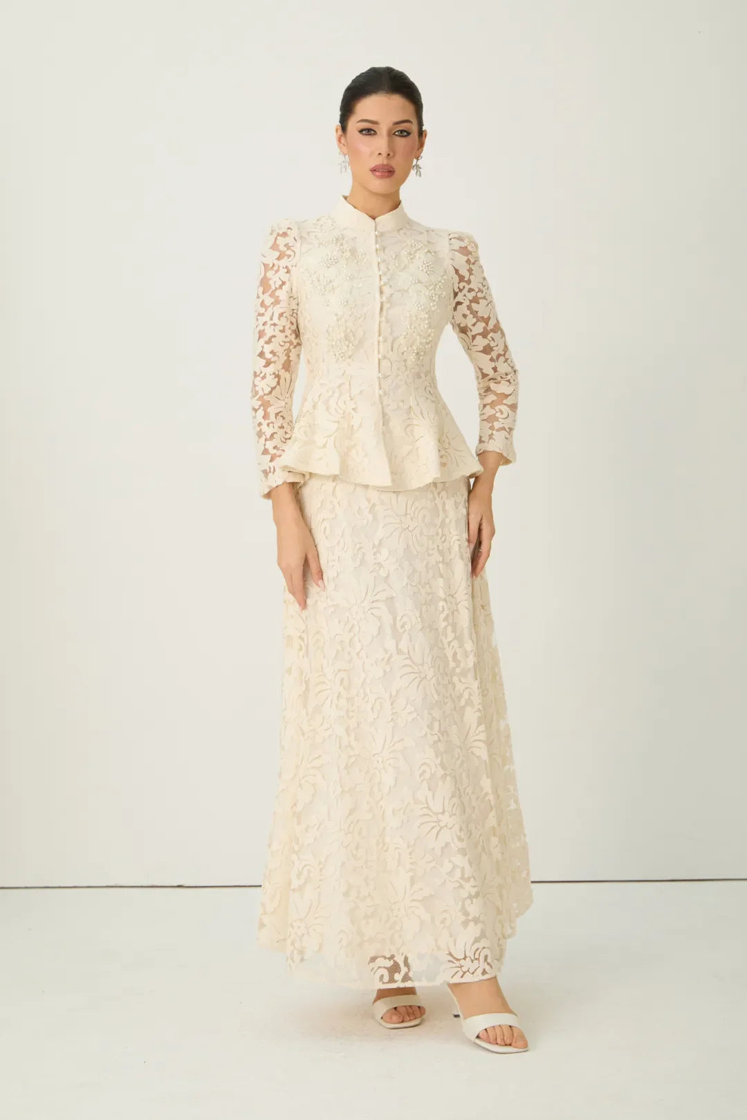 Veilène — Conjunto de Top y Falda de Manga Transparente con Encaje Floral