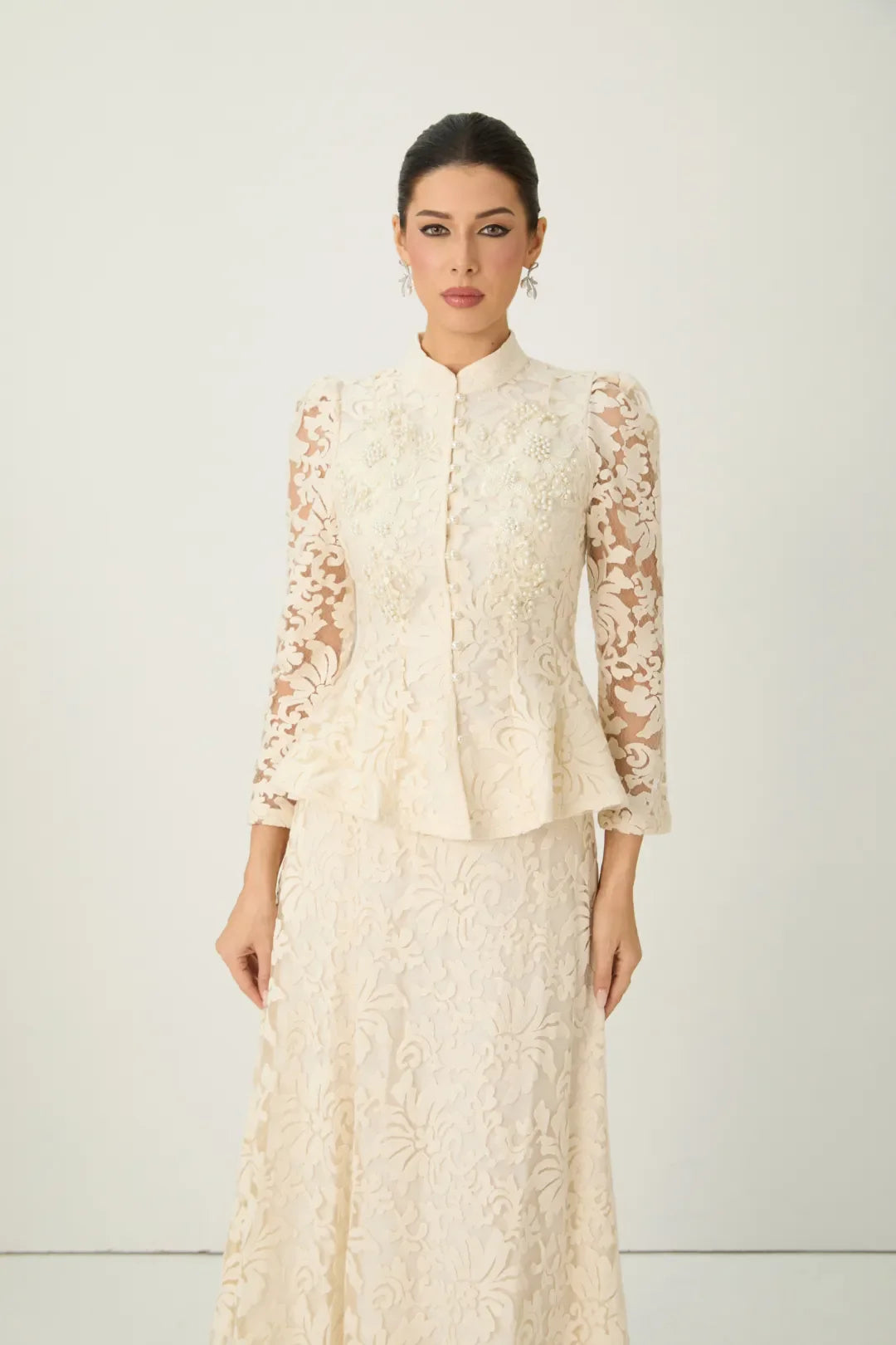 Veilène — Conjunto de Top y Falda de Manga Transparente con Encaje Floral