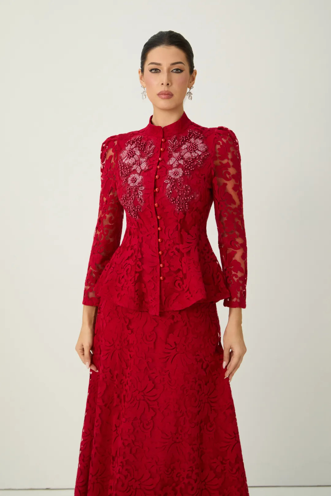 Veilène — Conjunto de Top y Falda de Manga Transparente con Encaje Floral