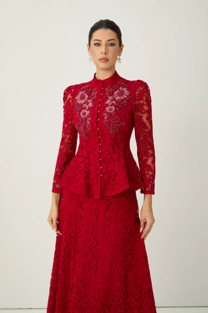Veilène — Conjunto de Top y Falda de Manga Transparente con Encaje Floral