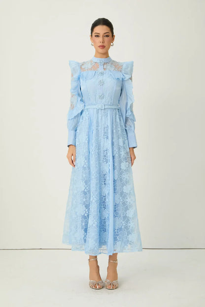 Florélle — Vestido Maxi de Ropa Bordado Floral Azul