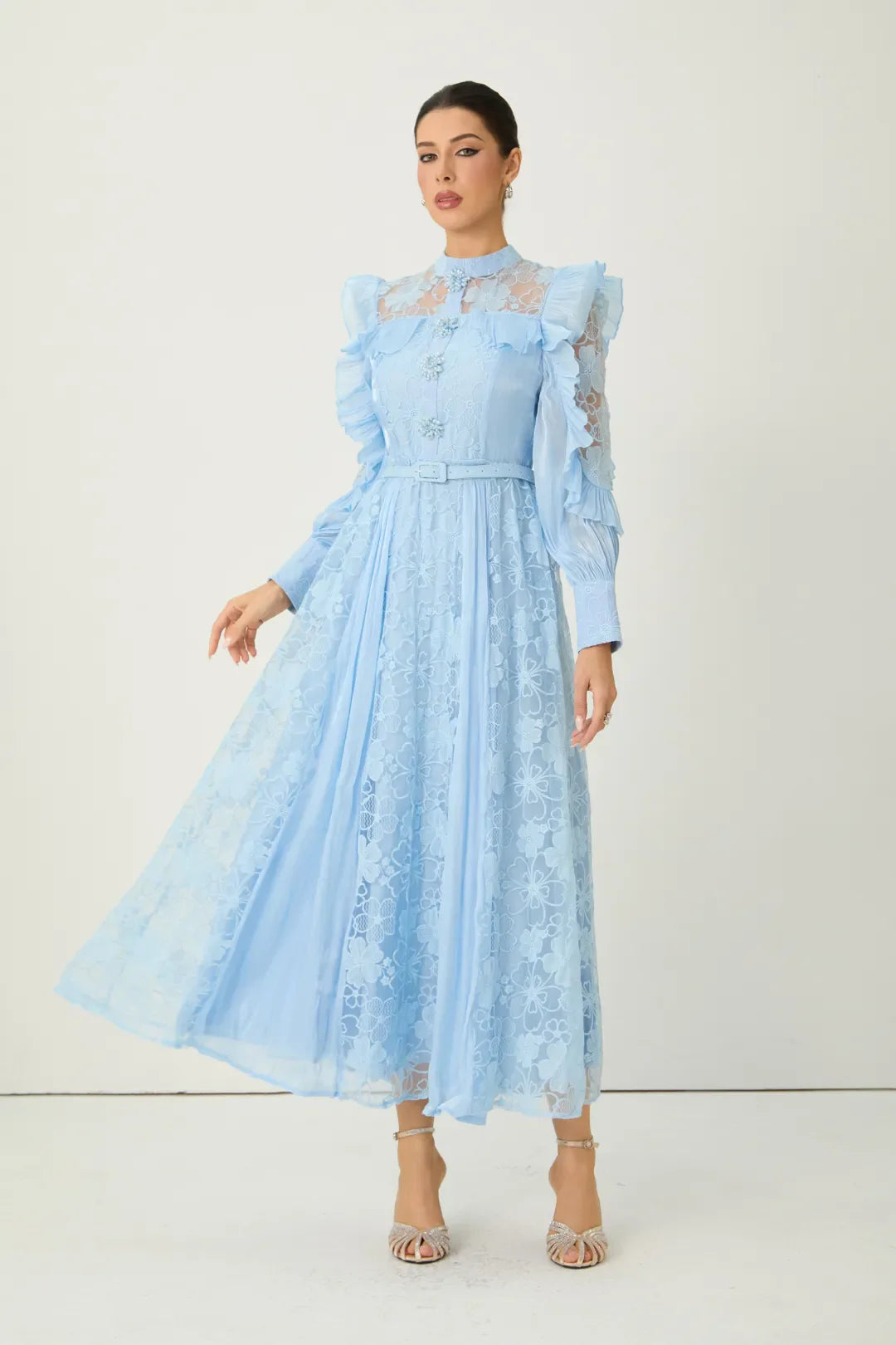 Florélle — Vestido Maxi de Ropa Bordado Floral Azul