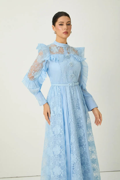 Florélle — Vestido Maxi de Ropa Bordado Floral Azul