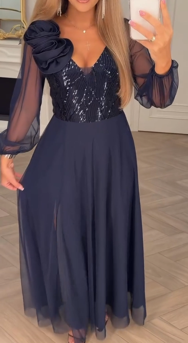 Vestido Elegante - Duradero Vestido con Mangas de Encaje, Lentejuelas y Adornos Florales