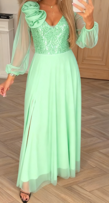 Vestido Elegante - Duradero Vestido con Mangas de Encaje, Lentejuelas y Adornos Florales