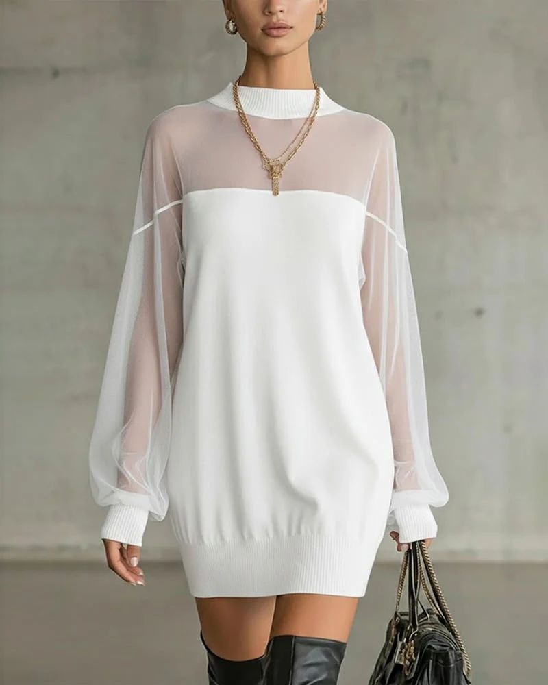 Clarève - Vestido Sólido de Patchwork con Mangas de Linterna