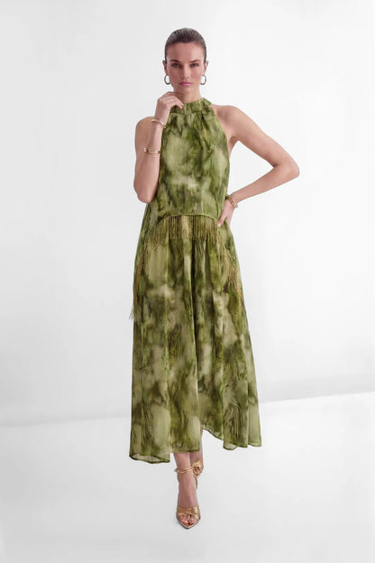 Verdène — Vestido Maxi con Cuello Halter y Flecos