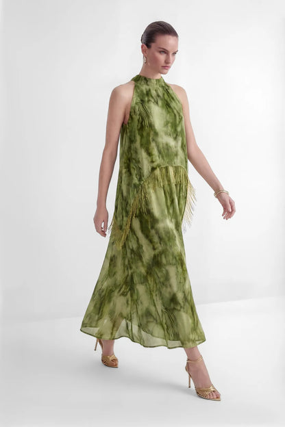 Verdène — Vestido Maxi con Cuello Halter y Flecos