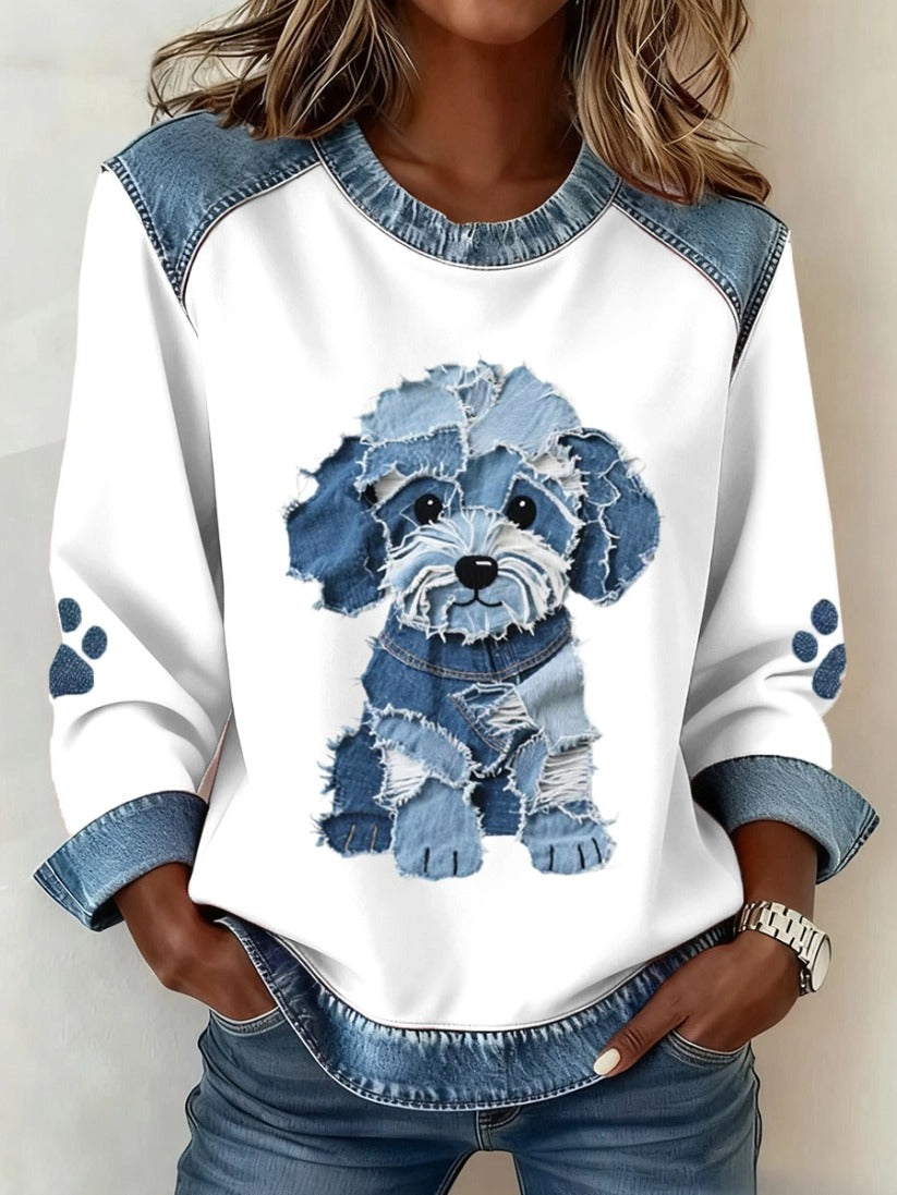 Sudadera de Mezclilla para Mujeres - Elegante Estampado de Perro y Patchwork