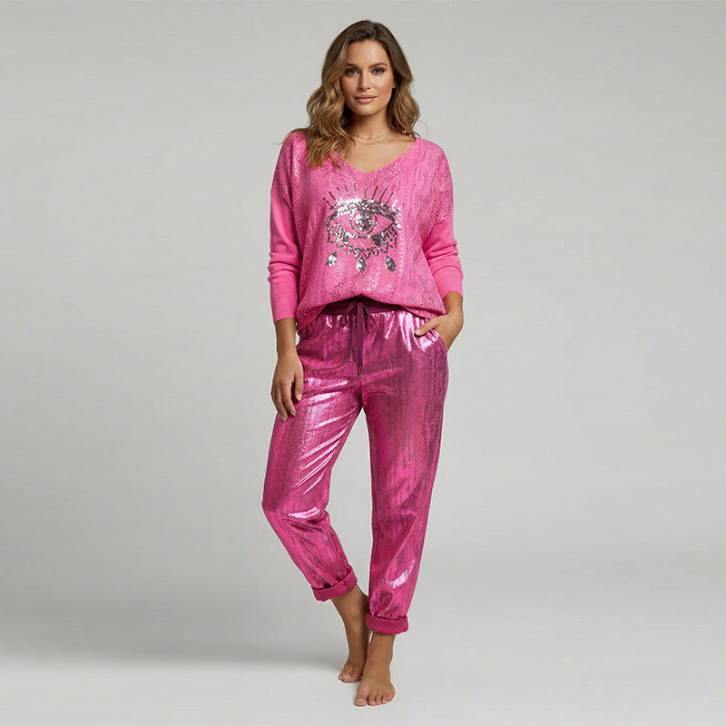 Conjunto Elegante de Top con Folio Dorado Ojo del Diablo - Moderno Pantalones de Lentejuelas