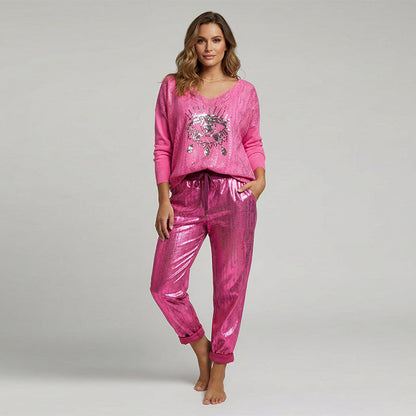 Conjunto Elegante de Top con Folio Dorado Ojo del Diablo - Moderno Pantalones de Lentejuelas