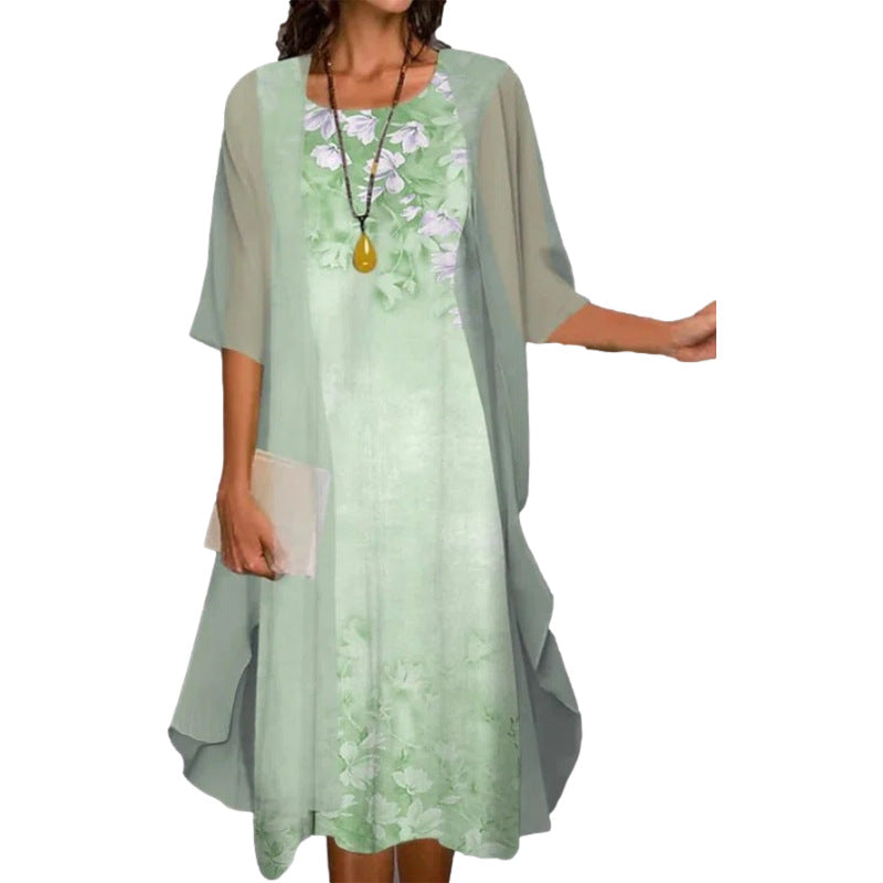 Shuovè — Conjunto de vestido midi de dos piezas de chiffon floral