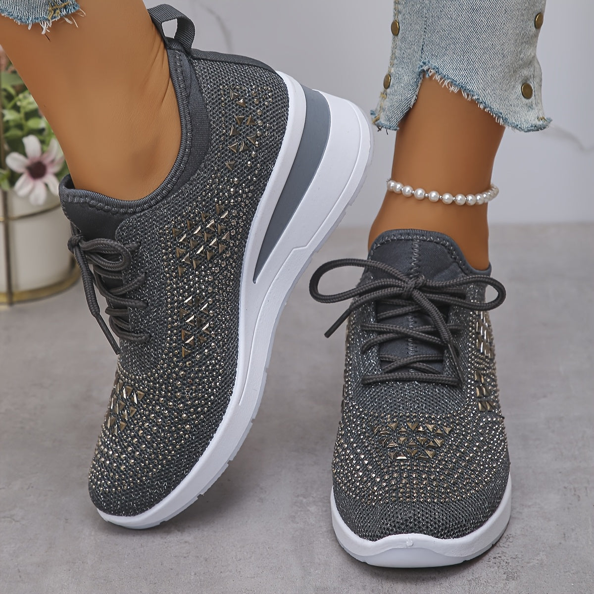 Zapatillas casuales - Transpirables para mujeres adornadas con cristales