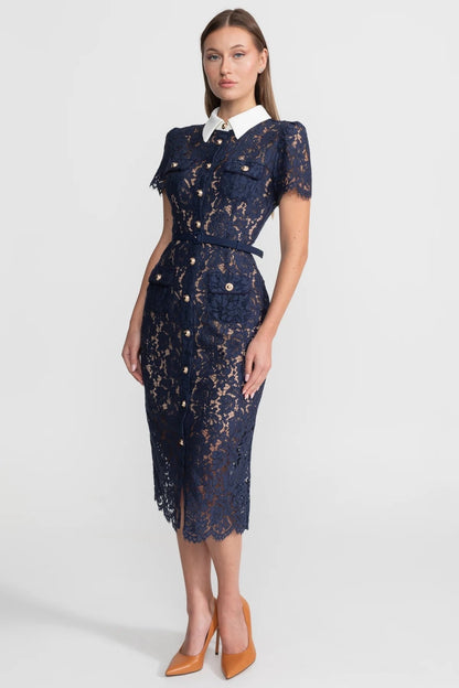 Darivène — Vestido Midi de Encaje Floral con Cinturón en Azul Marino