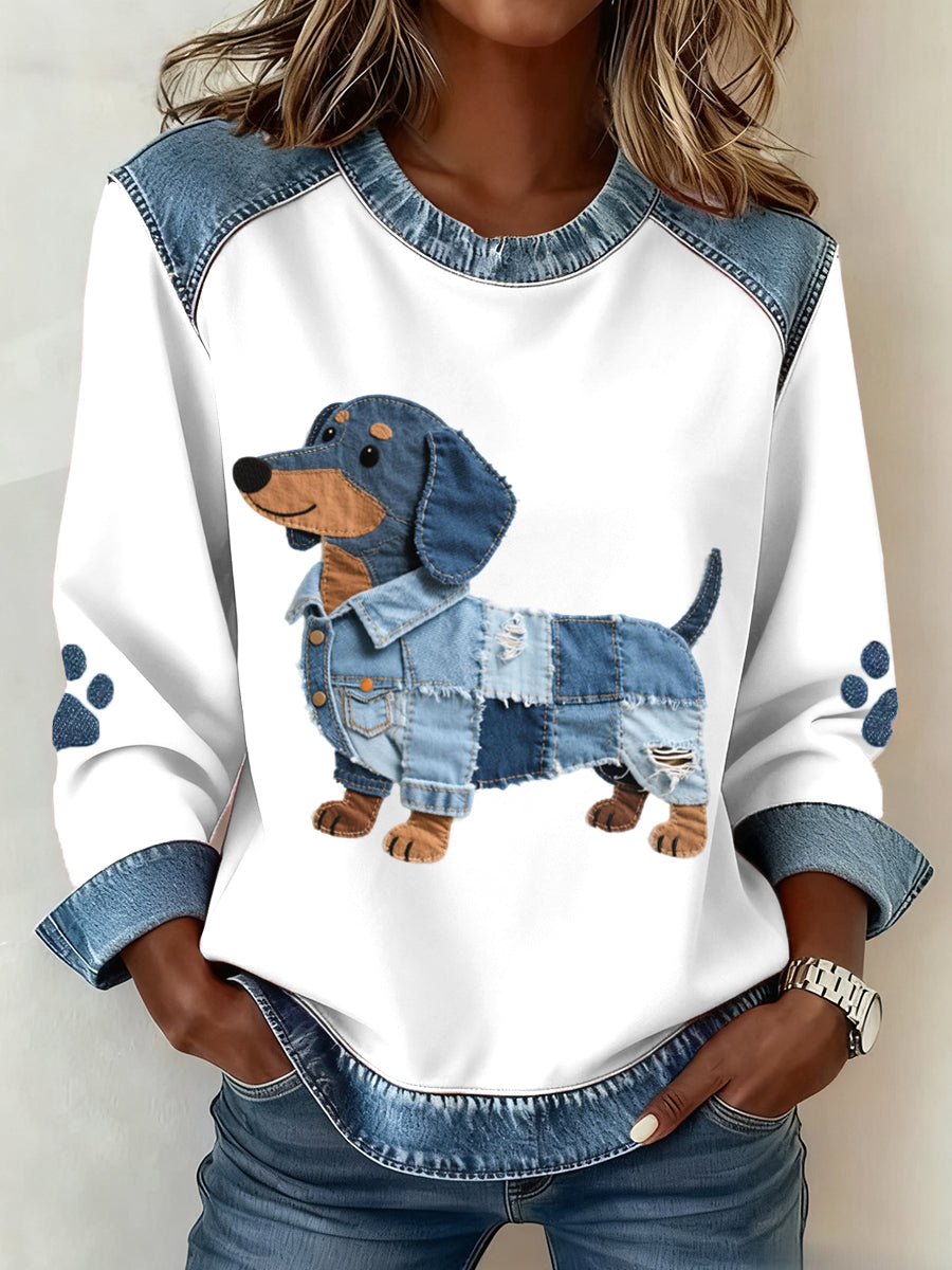 Sudadera de Mezclilla para Mujeres - Elegante Estampado de Perro y Patchwork