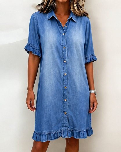 Vestido de Denim Cómodo con Fruncidos Halagadores