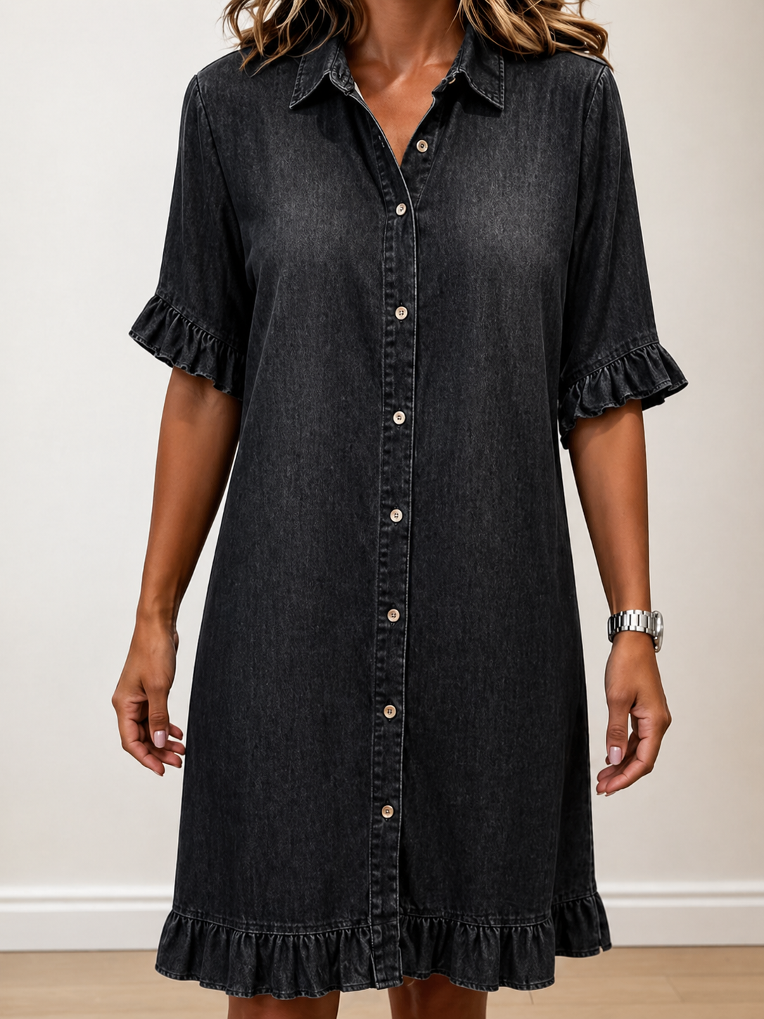 Vestido de Denim Cómodo con Fruncidos Halagadores