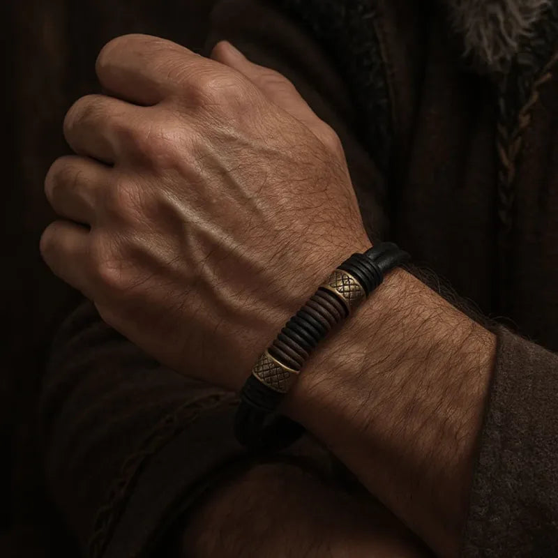 Pulsera Voyager — Cuero y Cuerda Tejida de Herencia Vikinga
