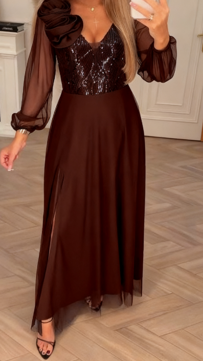 Vestido Elegante - Duradero Vestido con Mangas de Encaje, Lentejuelas y Adornos Florales