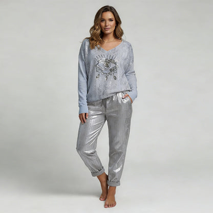 Conjunto Elegante de Top con Folio Dorado Ojo del Diablo - Moderno Pantalones de Lentejuelas