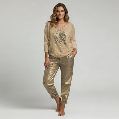 Conjunto Elegante de Top con Folio Dorado Ojo del Diablo - Moderno Pantalones de Lentejuelas