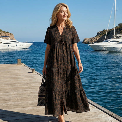Sauvage — Vestido Maxi con Escote en V y Estampado Leopardo Drapeado